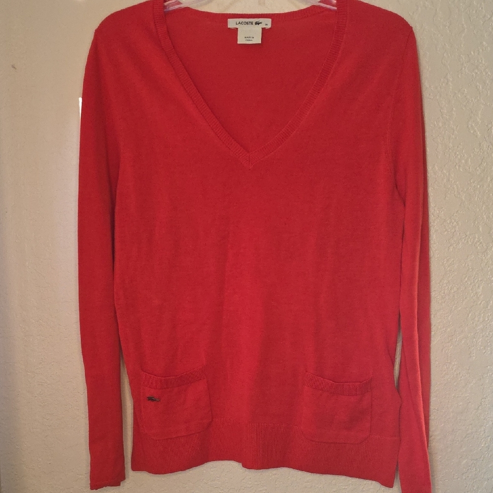Lacoste Women's Red V-Neck Sweater